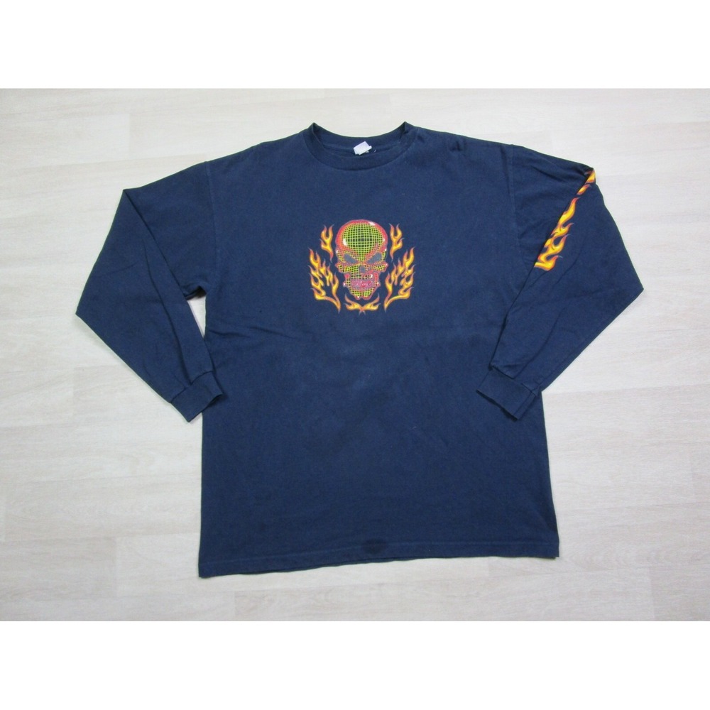 Vintage Y2K Cyber Goth‎ T Shirt (L/XL) Flames Skull Skeleton JNCO Style Skater